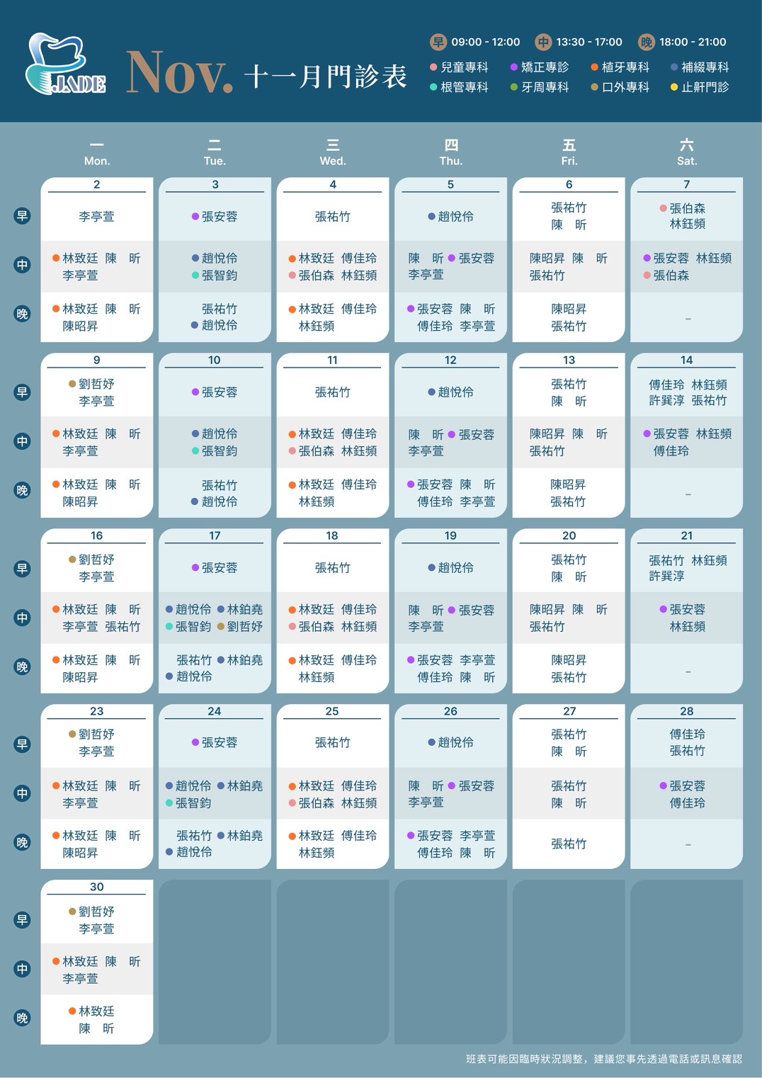 11月醫師班表
